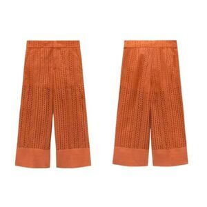Zara Burnt Orange Eyelet Topstitched Embroidered Pants Size XS